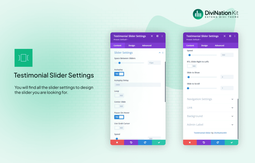 Testimonial slider settings DivinationKit Elevate Your Divi Experience with Advanced Modules and Layouts Testimonial slider settings
