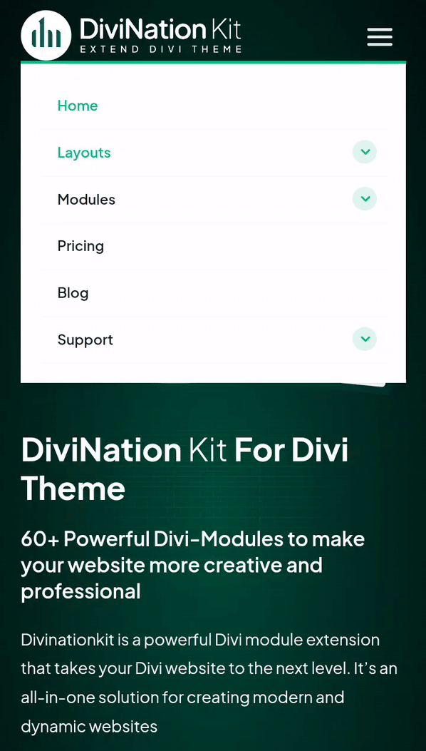 live demo Expand collapse Divi mobile submenu DivinationKit Elevate Your Divi Experience with Advanced Modules and Layouts Expand collapse Divi mobile sub menu